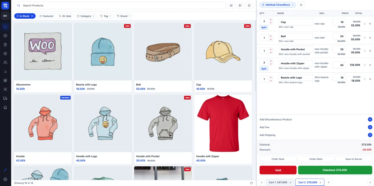 choPOS register screen with a product grid, cart with split lines, and checkout button
