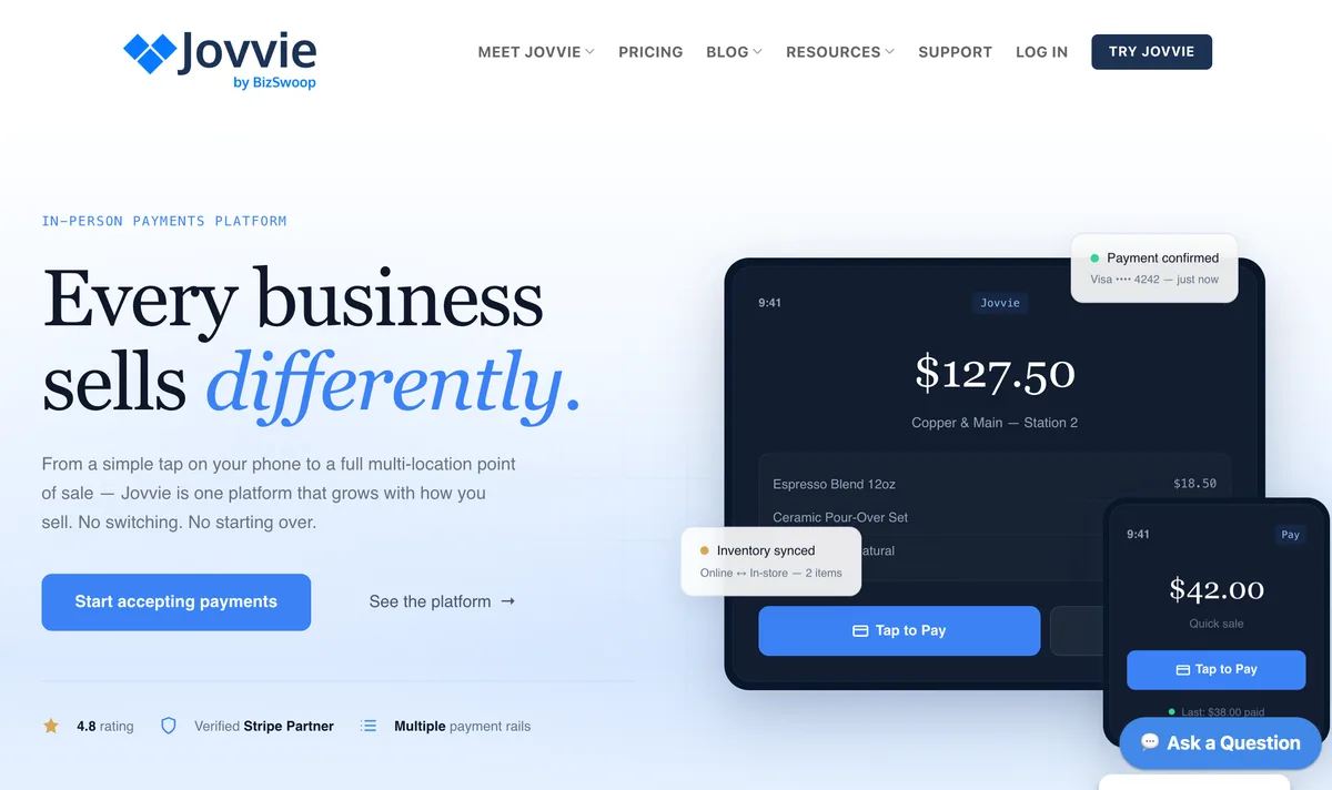 Jovvie point of sale homepage showing tap to pay payment screens