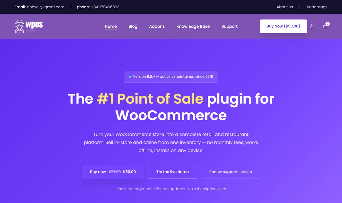Openpos homepage advertising a one-time price point of sale plugin for WooCommerce