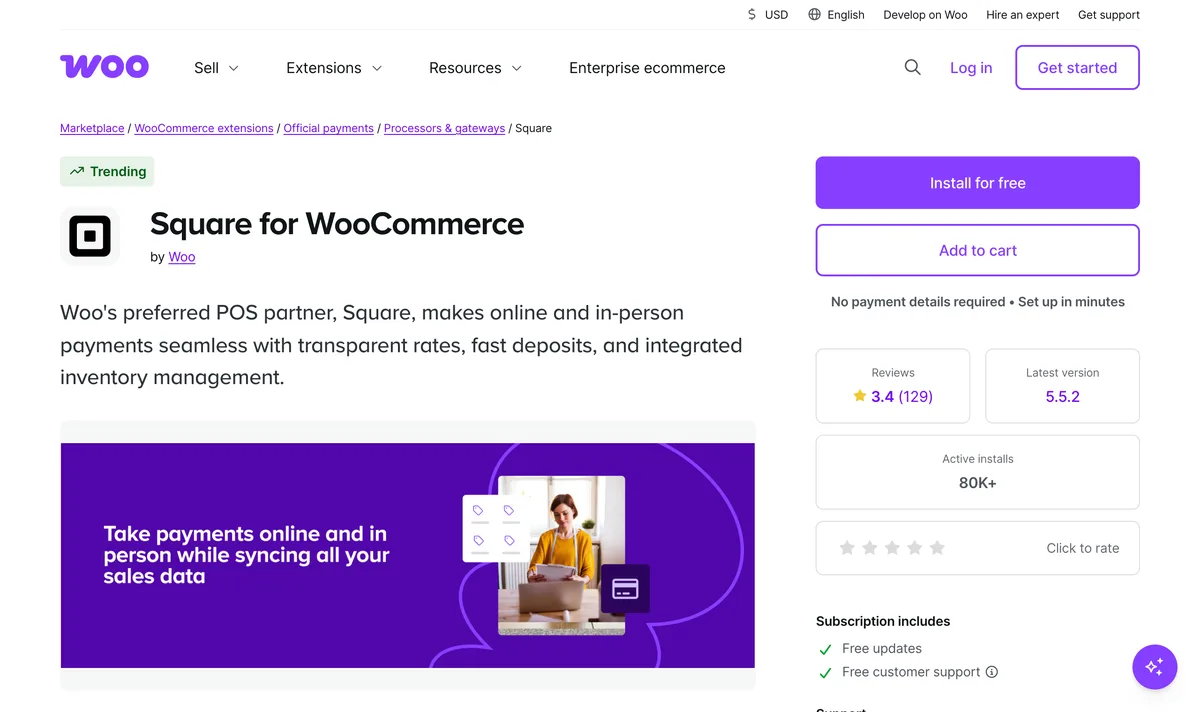 Square for WooCommerce extension page on the WooCommerce Marketplace