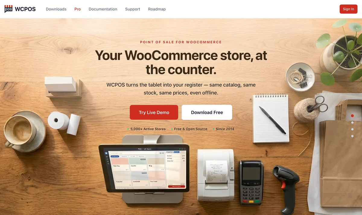 WCPOS homepage showing a tablet register, receipt printer and card reader