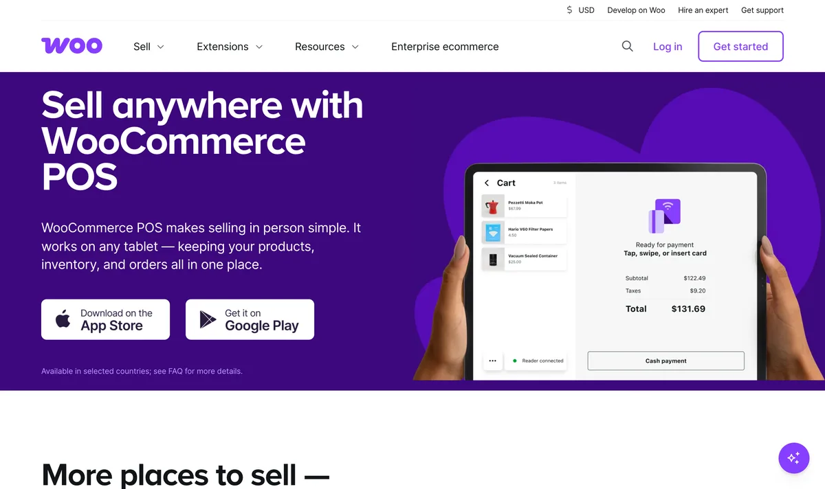 WooCommerce POS page showing the Woo mobile app taking an in-person payment on a tablet