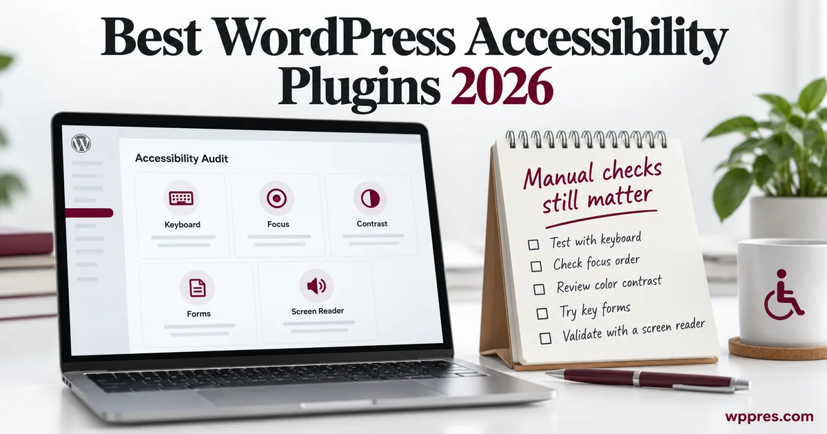 WordPress accessibility audit dashboard with keyboard focus and WCAG checks