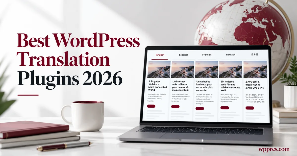 Multilingual WordPress website translated across five languages on a clean dashboard